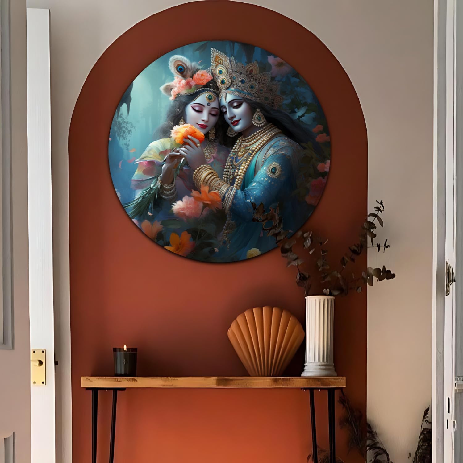 Chalk My Theme Beautiful Radha Krishna Murti, Radha Krishna Photo Frame, Radha Krishna Wall Decor, Round Wood Print Wall Art Pai